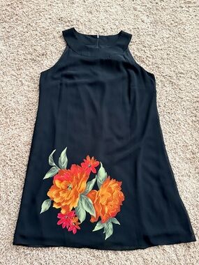 MSK Black Apron Neck Sleeveless Dress with Orange Floral Design Size 12 NEW